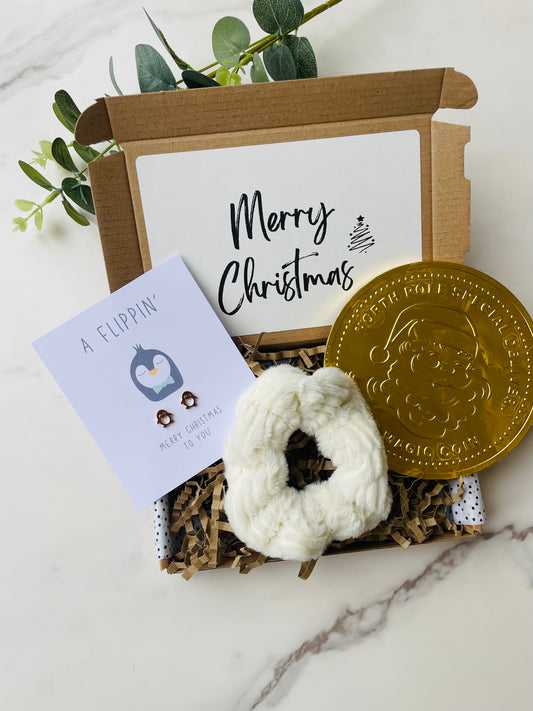 Christmas gift box perfect for tweens. Contains penguin earrings, giant chocolate coin & fluffy hair scrunchie. 