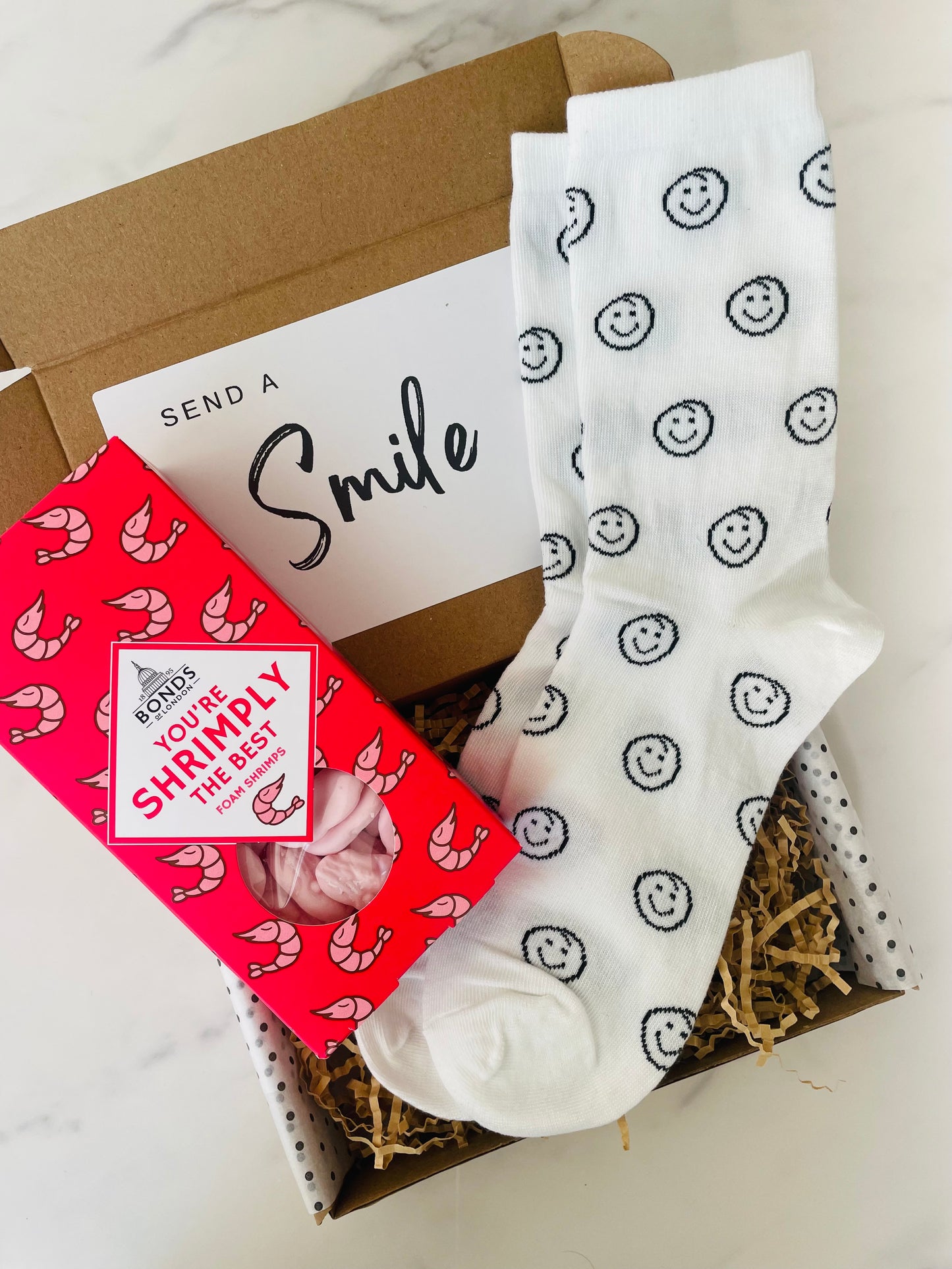 You're shrimply the best gift box featuring foam shrimps and smiley face socks. 